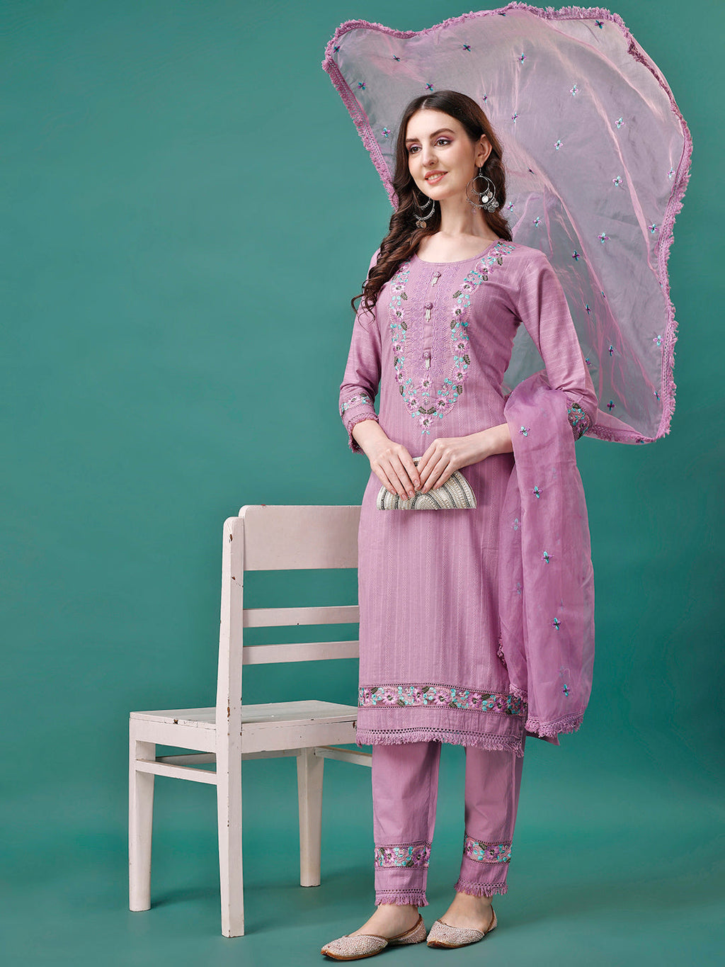 Embroidered Kurta With Pant & Embroidered Organza Dupatta, Multicolor - Hiral Fashion | Grocsy
