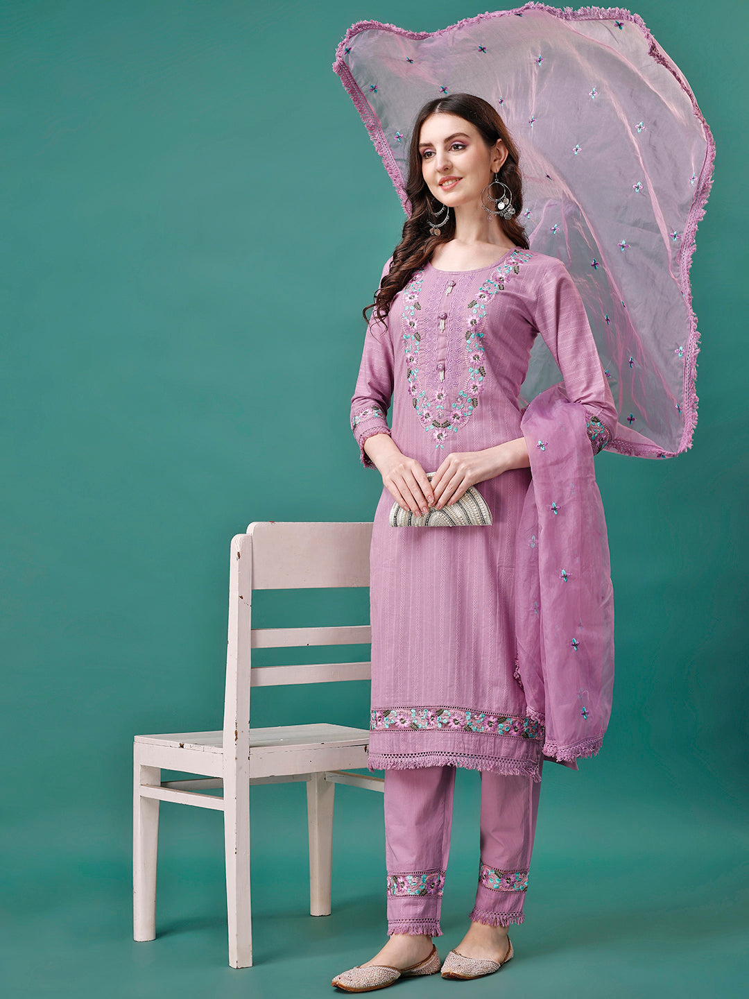 Embroidered Kurta With Pant & Embroidered Organza Dupatta, Multicolor - Hiral Fashion | Grocsy