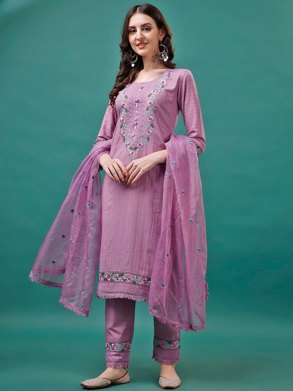 Embroidered Kurta With Pant & Embroidered Organza Dupatta, Multicolor - Hiral Fashion | Grocsy