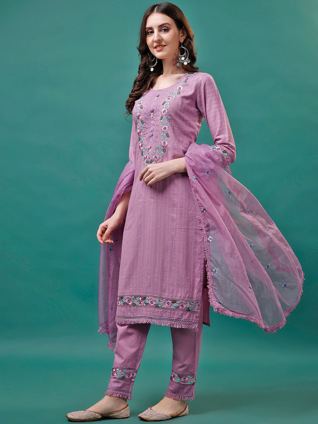 Embroidered Kurta With Pant & Embroidered Organza Dupatta, Multicolor - Hiral Fashion | Grocsy