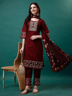 Embroidered Kurta With Pant & Embroidered Printed Dupatta, Multicolor - Hiral Fashion | Grocsy