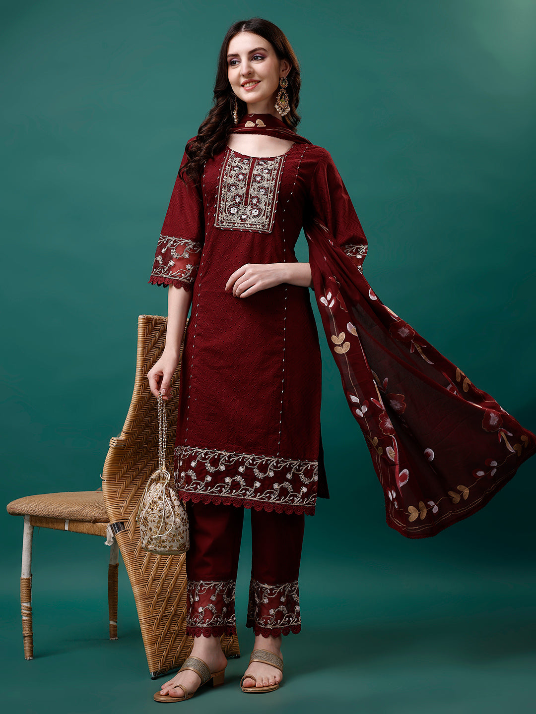 Embroidered Kurta With Pant & Embroidered Printed Dupatta, Multicolor - Hiral Fashion | Grocsy