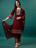 Embroidered Kurta With Pant & Embroidered Printed Dupatta, Multicolor - Hiral Fashion | Grocsy