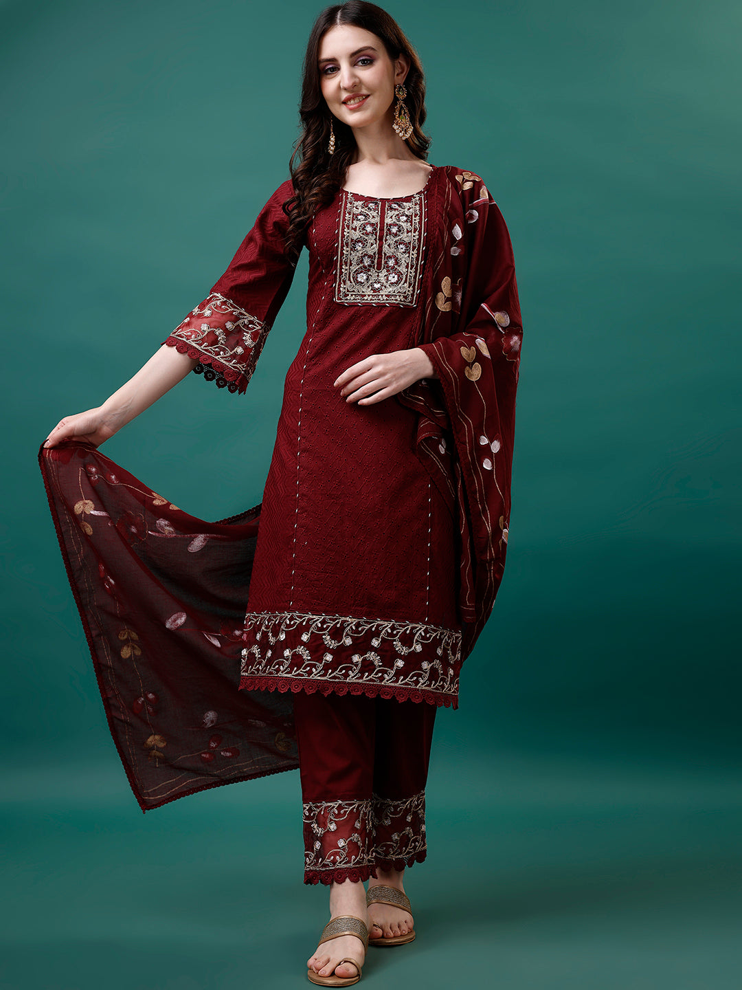 Embroidered Kurta With Pant & Embroidered Printed Dupatta, Multicolor - Hiral Fashion | Grocsy