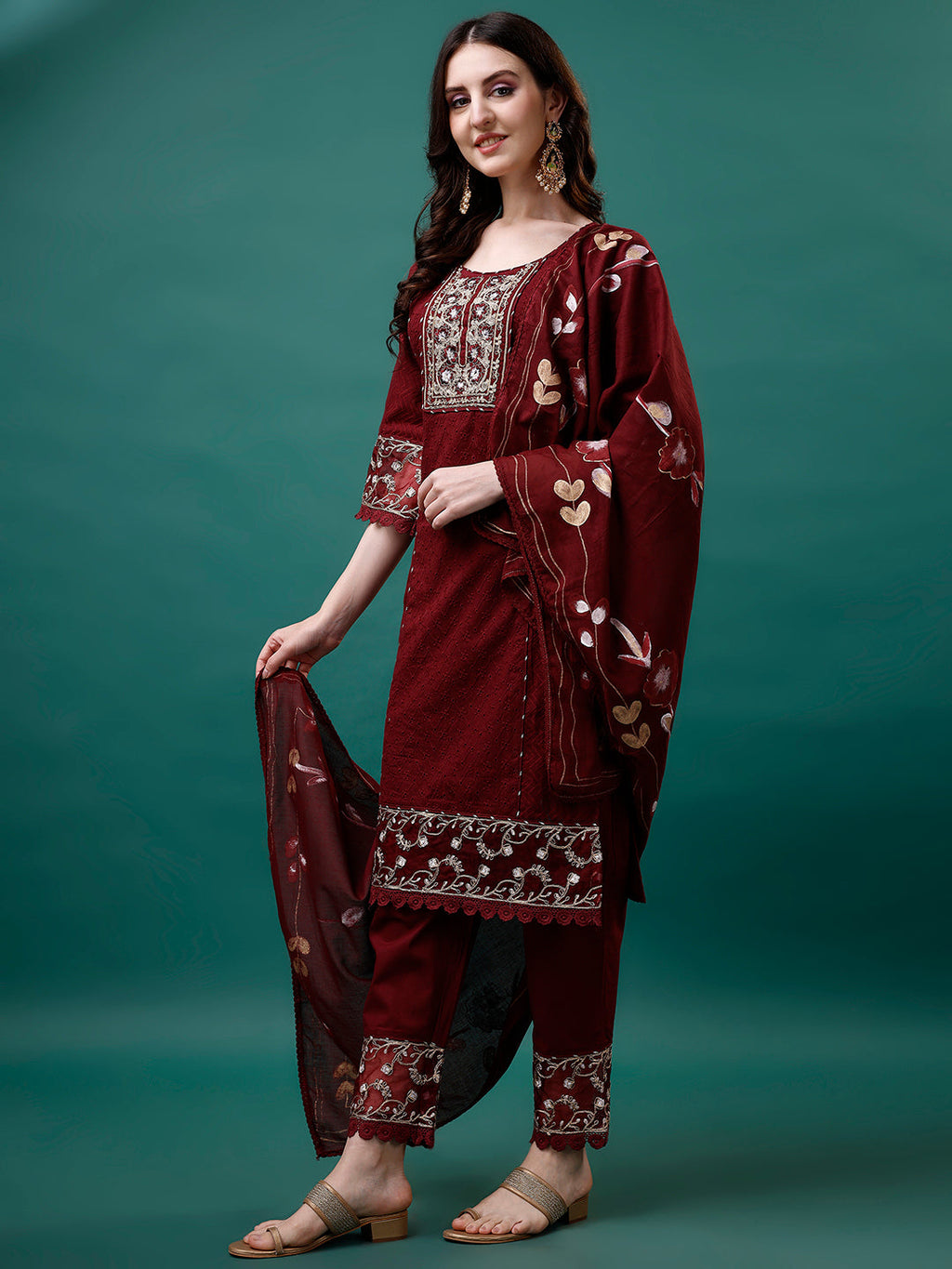 Embroidered Kurta With Pant & Embroidered Printed Dupatta, Multicolor - Hiral Fashion | Grocsy