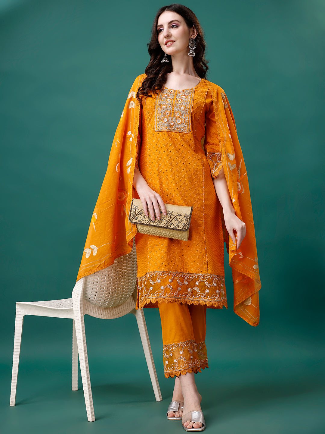 Embroidered Kurta With Pant & Embroidered Printed Dupatta, Multicolor - Hiral Fashion | Grocsy