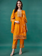 Embroidered Kurta With Pant & Embroidered Printed Dupatta, Multicolor - Hiral Fashion | Grocsy