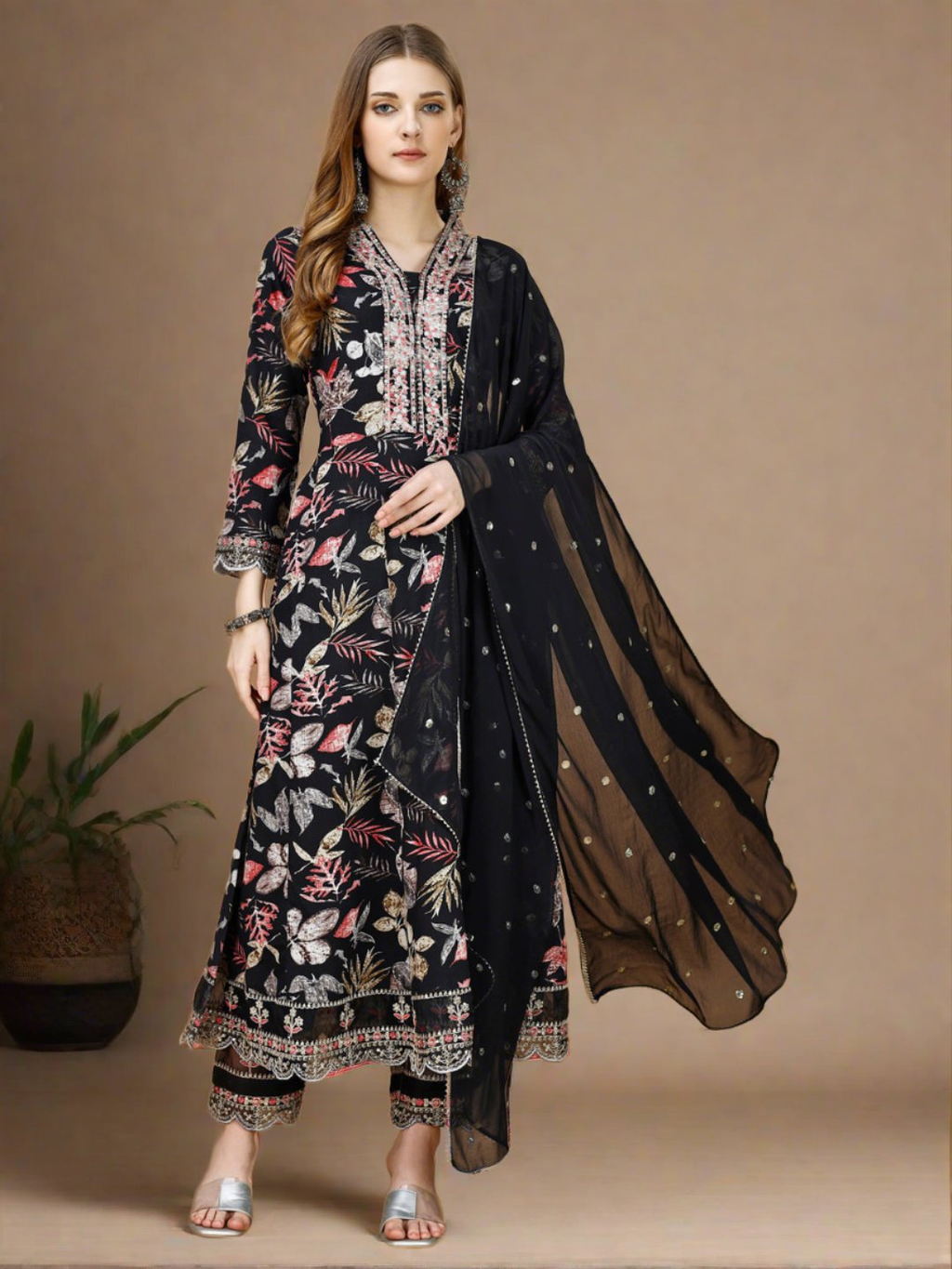 Floral Printed & Embroidered Anarkali Kurta With Embroidered Pant & Dupatta Premium Luxury, Multicolor - Hiral Fashion | Grocsy
