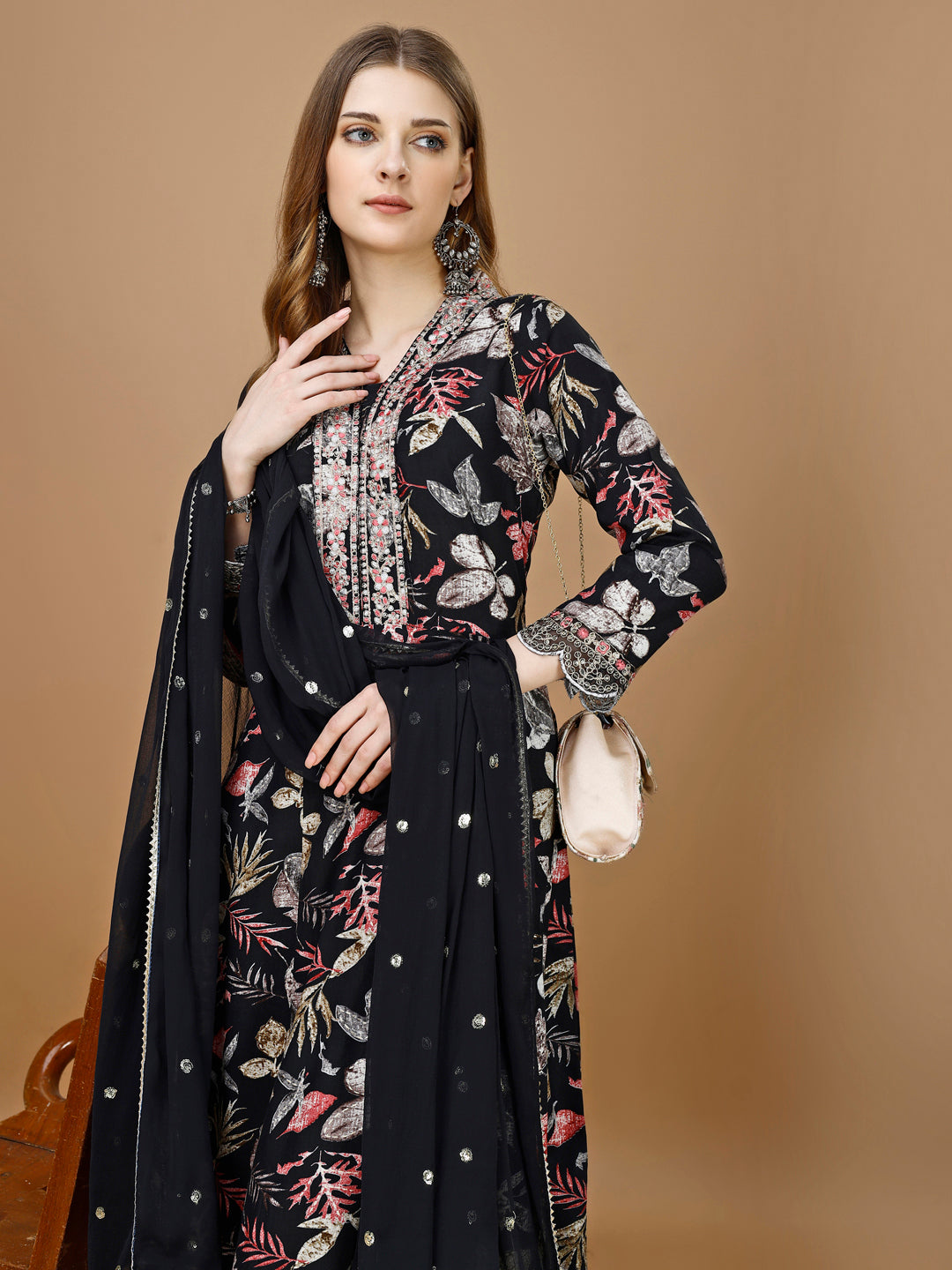 Floral Printed & Embroidered Anarkali Kurta With Embroidered Pant & Dupatta Premium Luxury, Multicolor - Hiral Fashion | Grocsy
