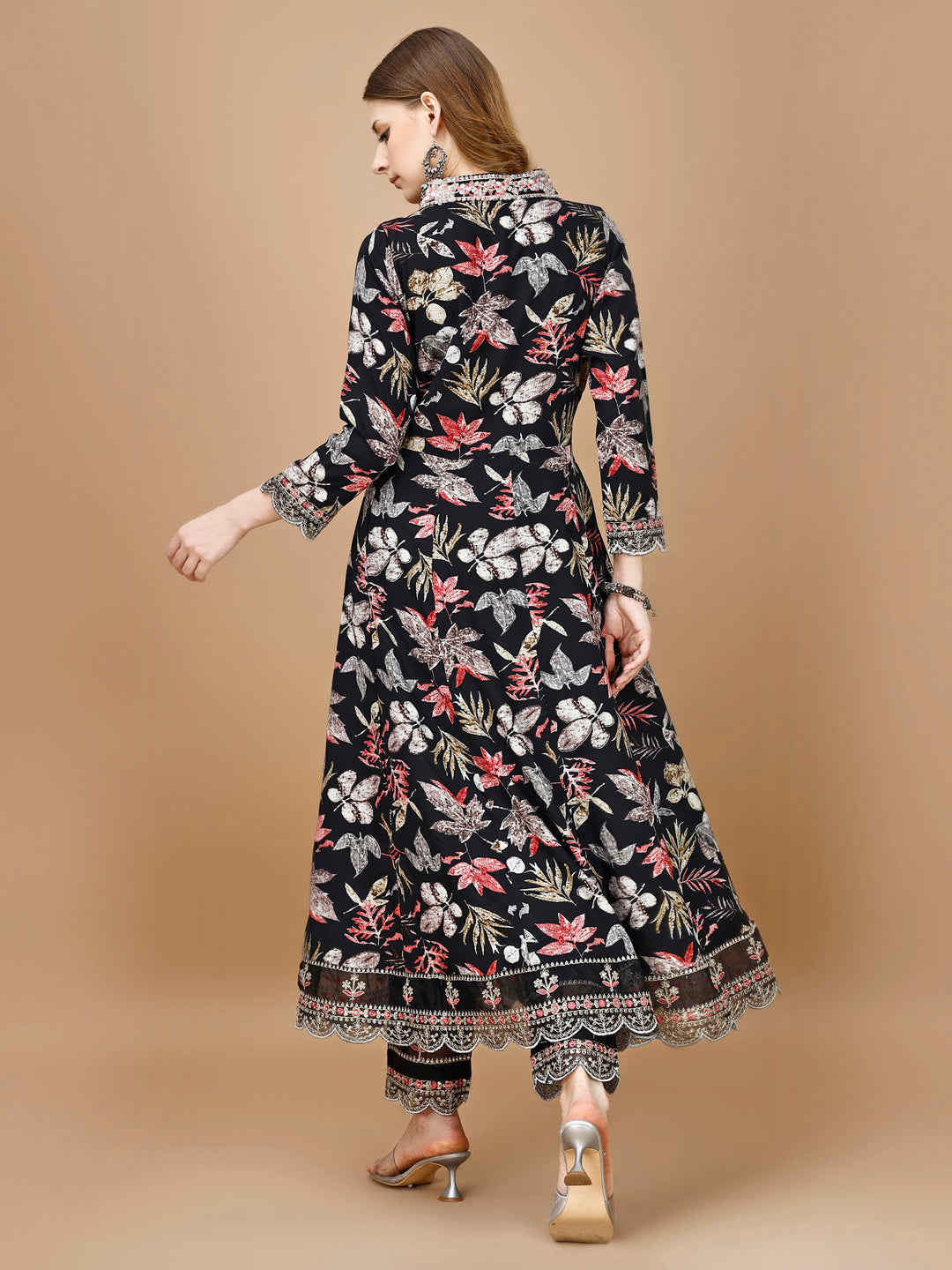 Floral Printed & Embroidered Anarkali Kurta With Embroidered Pant & Dupatta Premium Luxury, Multicolor - Hiral Fashion | Grocsy