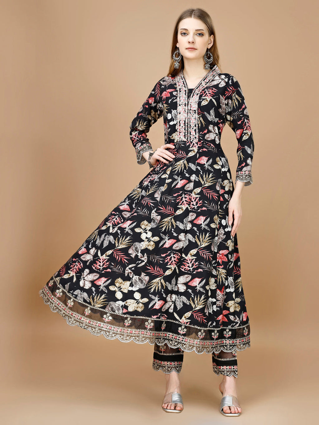 Floral Printed & Embroidered Anarkali Kurta With Embroidered Pant & Dupatta Premium Luxury, Multicolor - Hiral Fashion | Grocsy