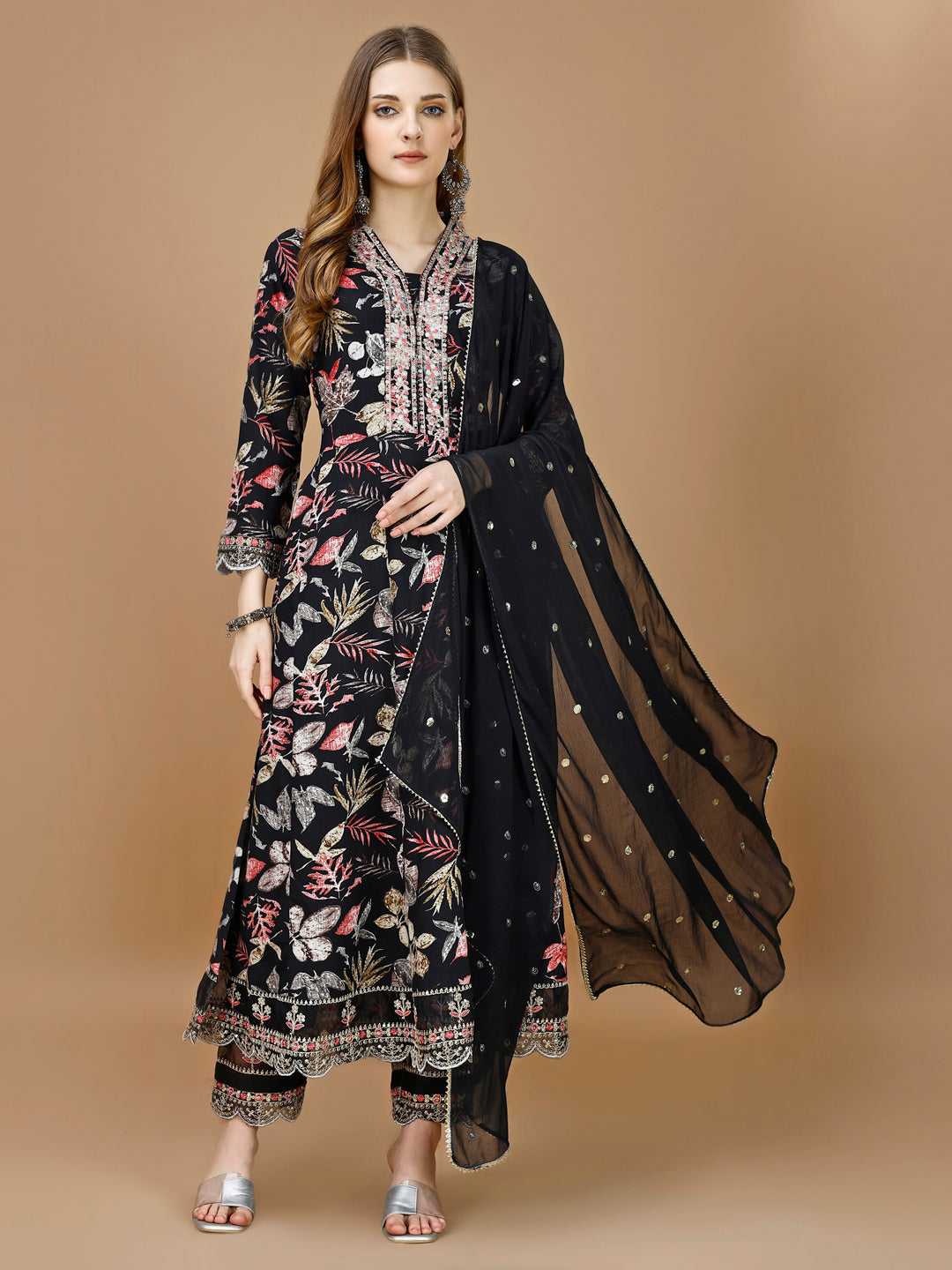 Floral Printed & Embroidered Anarkali Kurta With Embroidered Pant & Dupatta Premium Luxury, Multicolor - Hiral Fashion | Grocsy