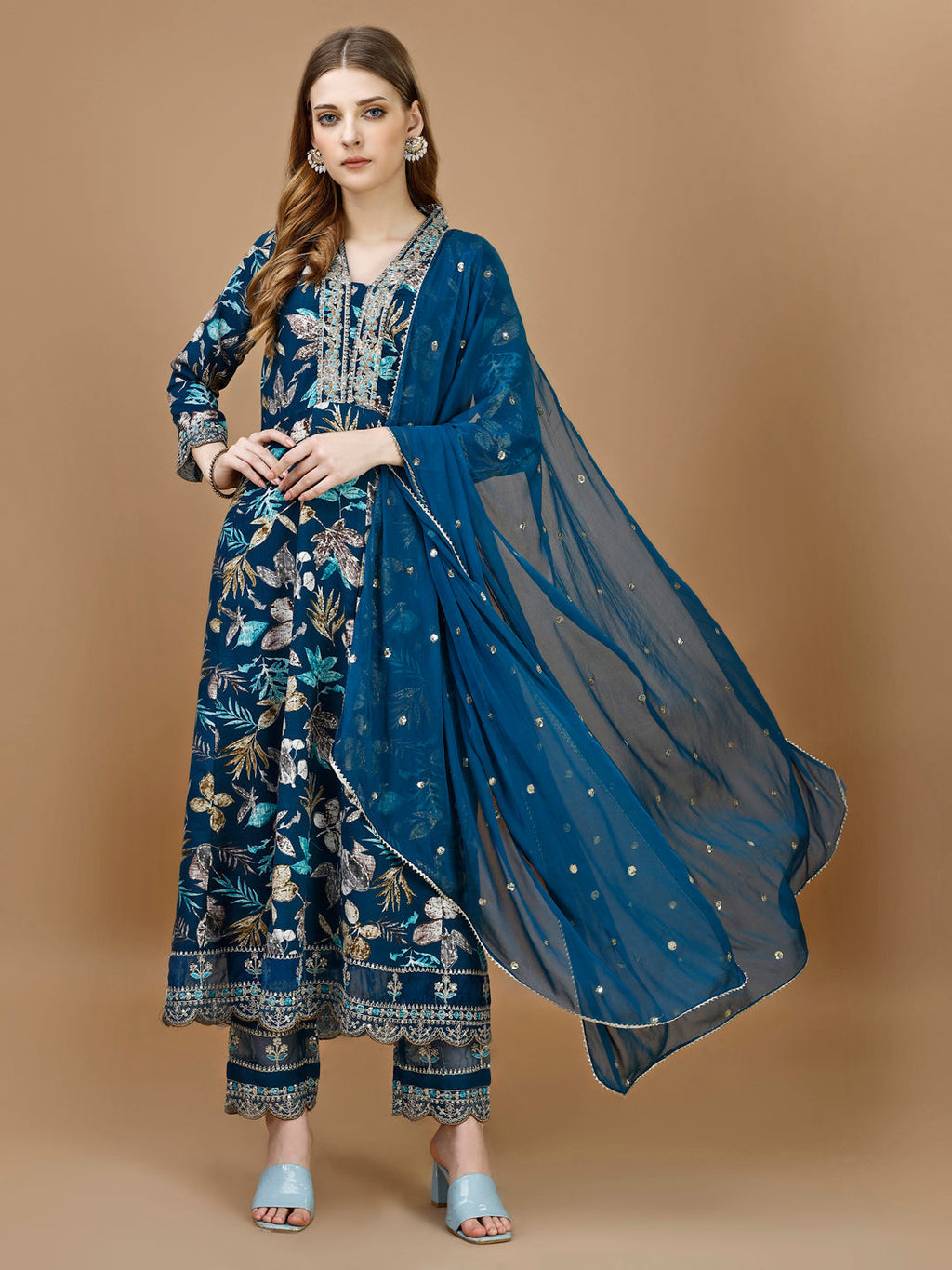Floral Printed & Embroidered Anarkali Kurta With Embroidered Pant & Dupatta Premium Luxury, Multicolor - Hiral Fashion | Grocsy