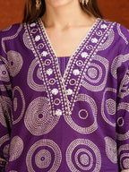 Embroidered & Printed Cotton Kurta With Pant And Dupatta, Purple - Hiral Fashion | Grocsy