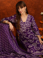 Embroidered & Printed Cotton Kurta With Pant And Dupatta, Purple - Hiral Fashion | Grocsy