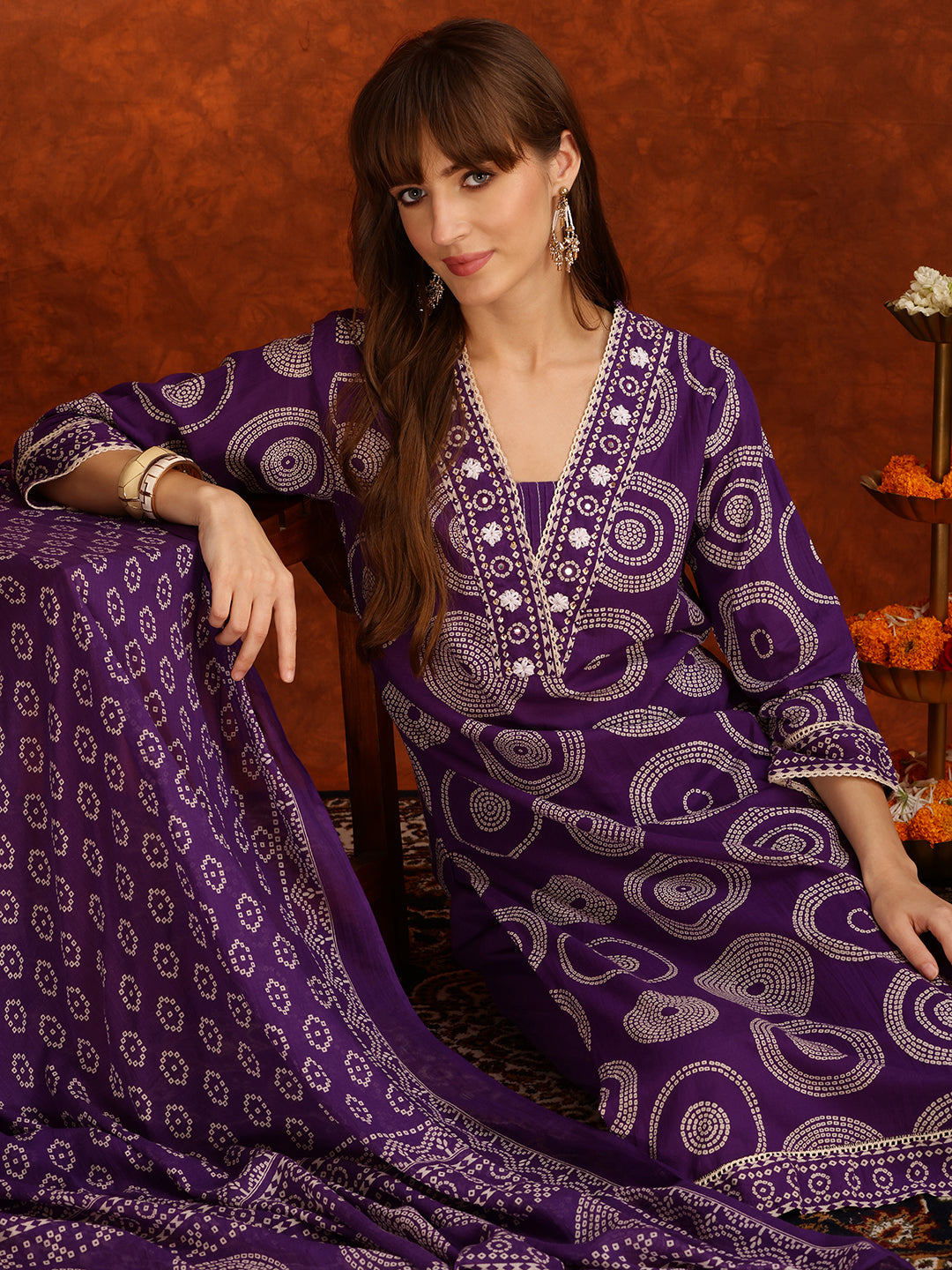 Embroidered & Printed Cotton Kurta With Pant And Dupatta, Purple - Hiral Fashion | Grocsy