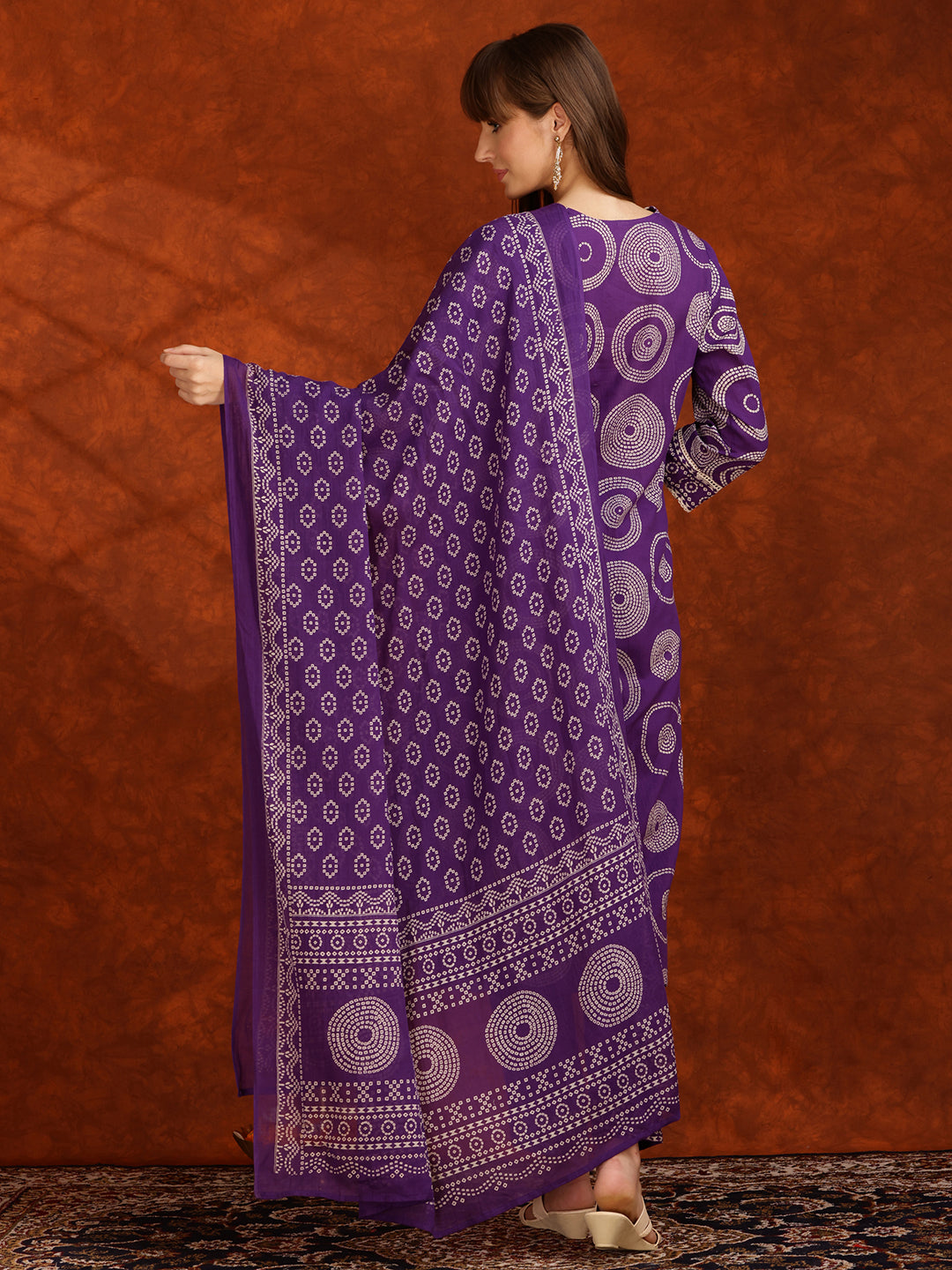 Embroidered & Printed Cotton Kurta With Pant And Dupatta, Purple - Hiral Fashion | Grocsy
