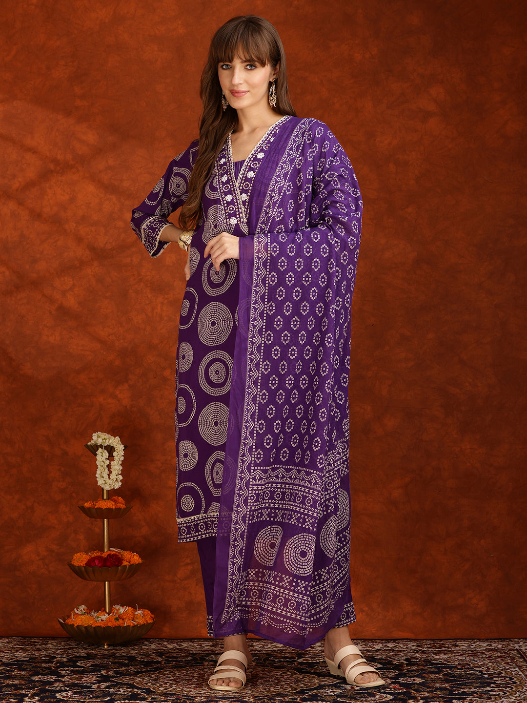 Embroidered & Printed Cotton Kurta With Pant And Dupatta, Purple - Hiral Fashion | Grocsy