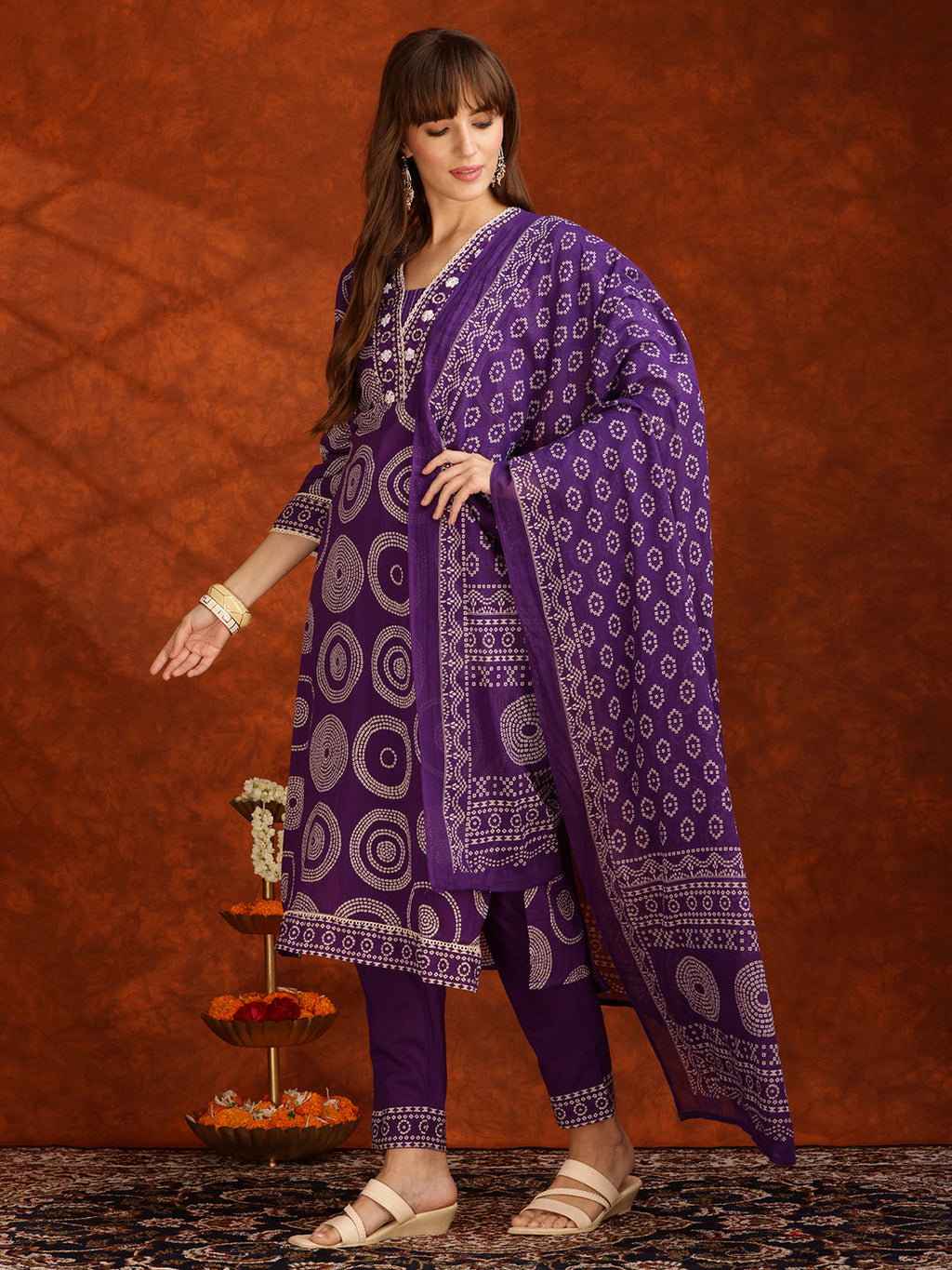 Embroidered & Printed Cotton Kurta With Pant And Dupatta, Purple - Hiral Fashion | Grocsy