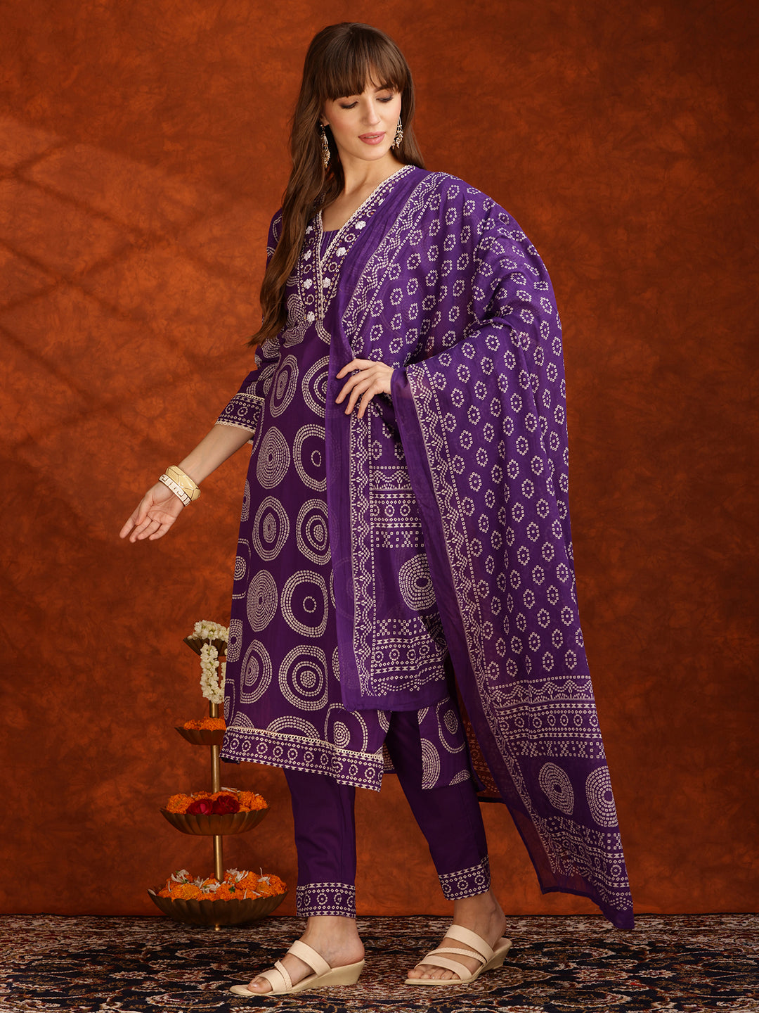 Embroidered & Printed Cotton Kurta With Pant And Dupatta, Purple - Hiral Fashion | Grocsy