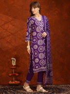 Embroidered & Printed Cotton Kurta With Pant And Dupatta, Purple - Hiral Fashion | Grocsy