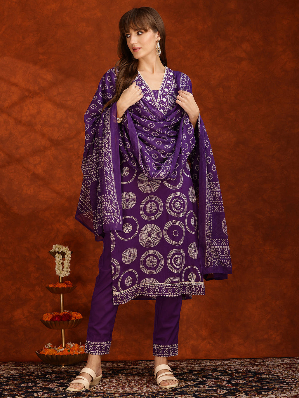 Embroidered & Printed Cotton Kurta With Pant And Dupatta, Purple - Hiral Fashion | Grocsy