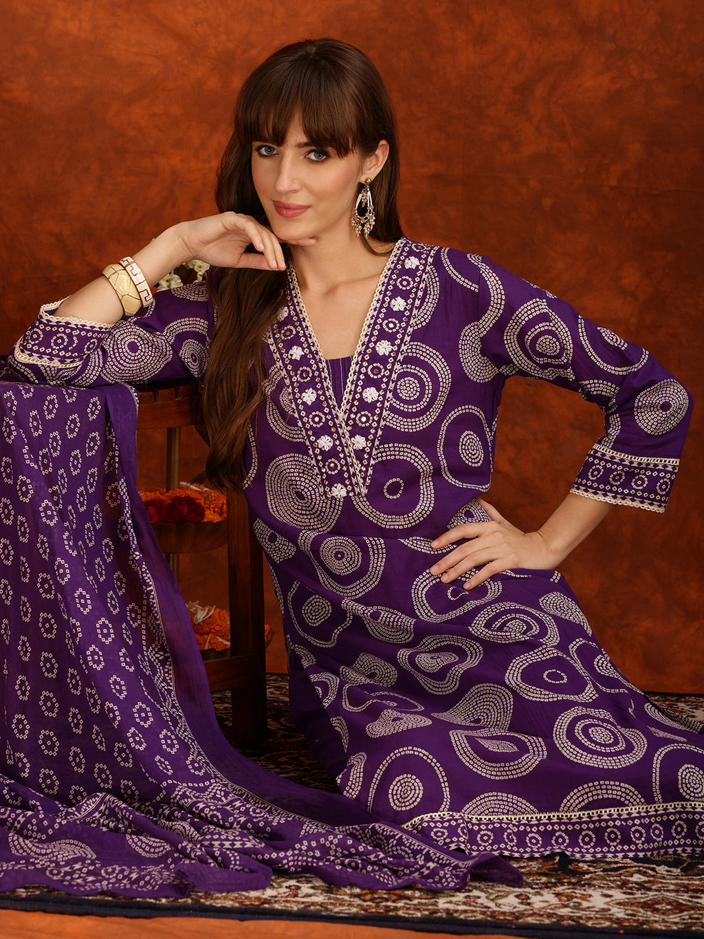 Embroidered & Printed Cotton Kurta With Pant And Dupatta, Purple - Hiral Fashion | Grocsy