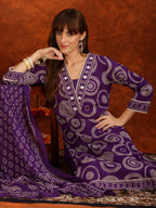 Embroidered & Printed Cotton Kurta With Pant And Dupatta, Purple - Hiral Fashion | Grocsy
