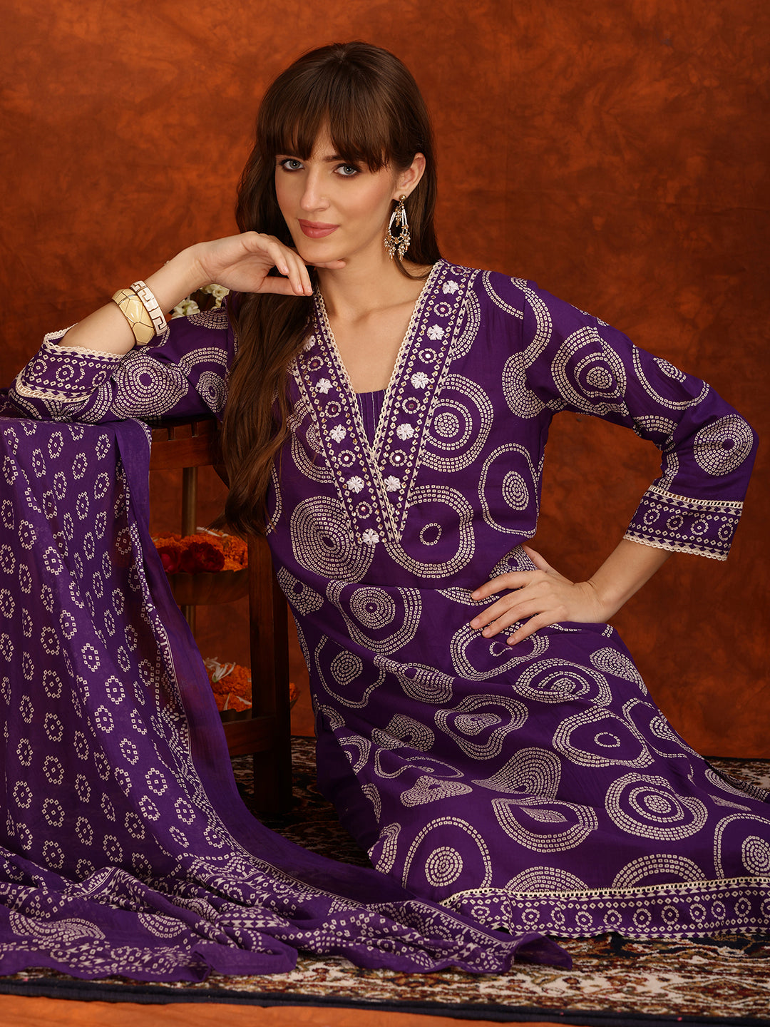 Embroidered & Printed Cotton Kurta With Pant And Dupatta, Purple - Hiral Fashion | Grocsy