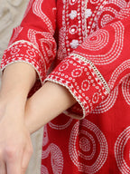 Embroidered & Printed Cotton Kurta With Pant And Dupatta, Red - Hiral Fashion | Grocsy