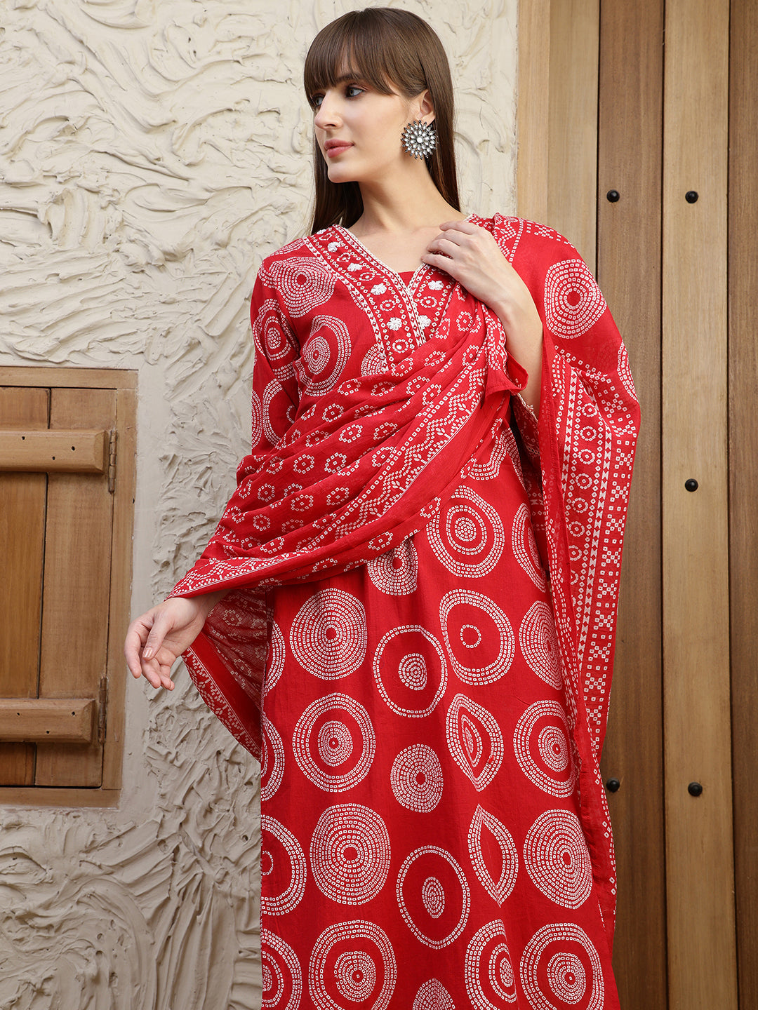 Embroidered & Printed Cotton Kurta With Pant And Dupatta, Red - Hiral Fashion | Grocsy