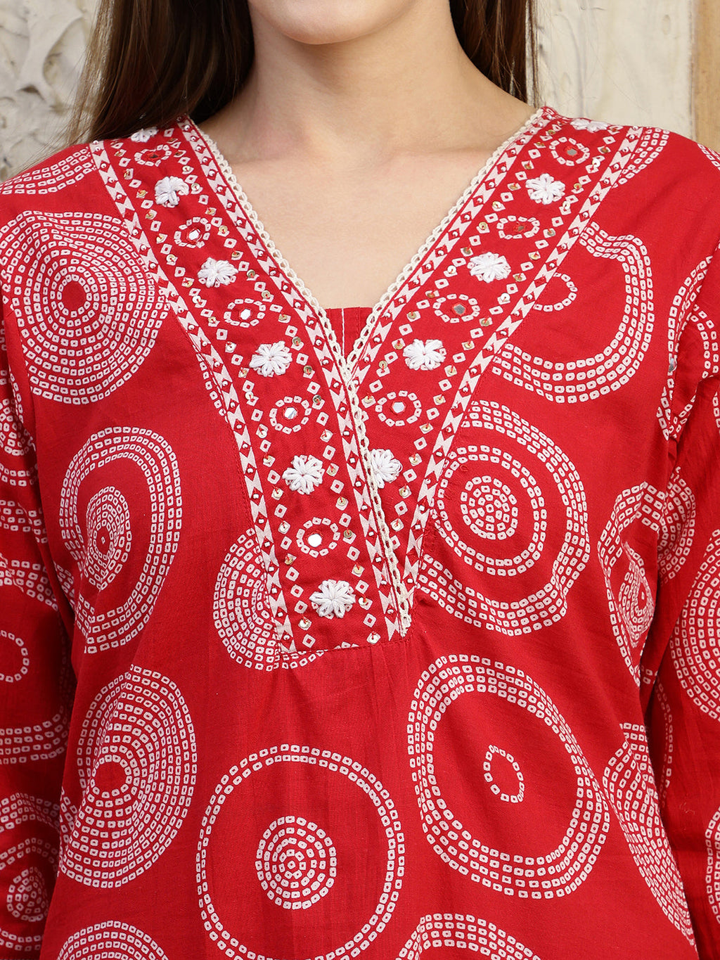 Embroidered & Printed Cotton Kurta With Pant And Dupatta, Red - Hiral Fashion | Grocsy