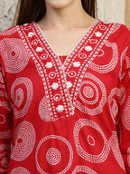 Embroidered & Printed Cotton Kurta With Pant And Dupatta, Red - Hiral Fashion | Grocsy