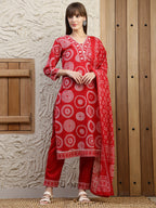 Embroidered & Printed Cotton Kurta With Pant And Dupatta, Red - Hiral Fashion | Grocsy