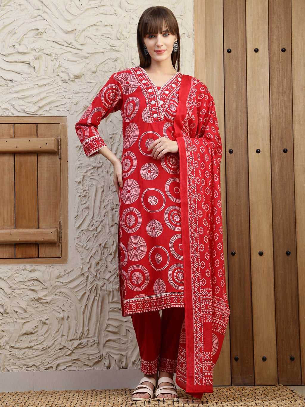 Embroidered & Printed Cotton Kurta With Pant And Dupatta, Red - Hiral Fashion | Grocsy