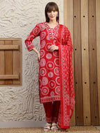 Embroidered & Printed Cotton Kurta With Pant And Dupatta, Red - Hiral Fashion | Grocsy