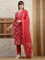 Embroidered & Printed Cotton Kurta With Pant And Dupatta, Red - Hiral Fashion | Grocsy