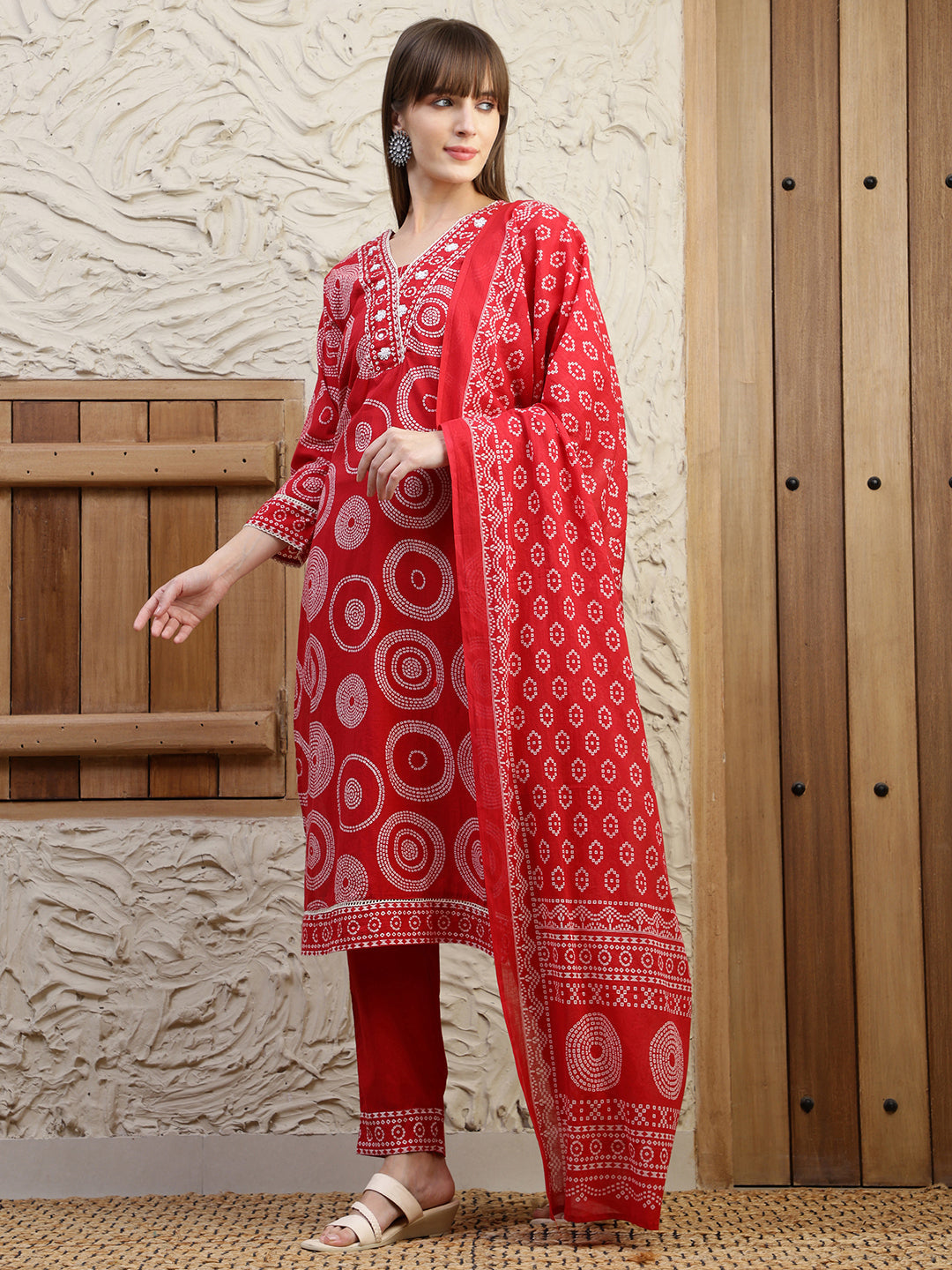 Embroidered & Printed Cotton Kurta With Pant And Dupatta, Red - Hiral Fashion | Grocsy