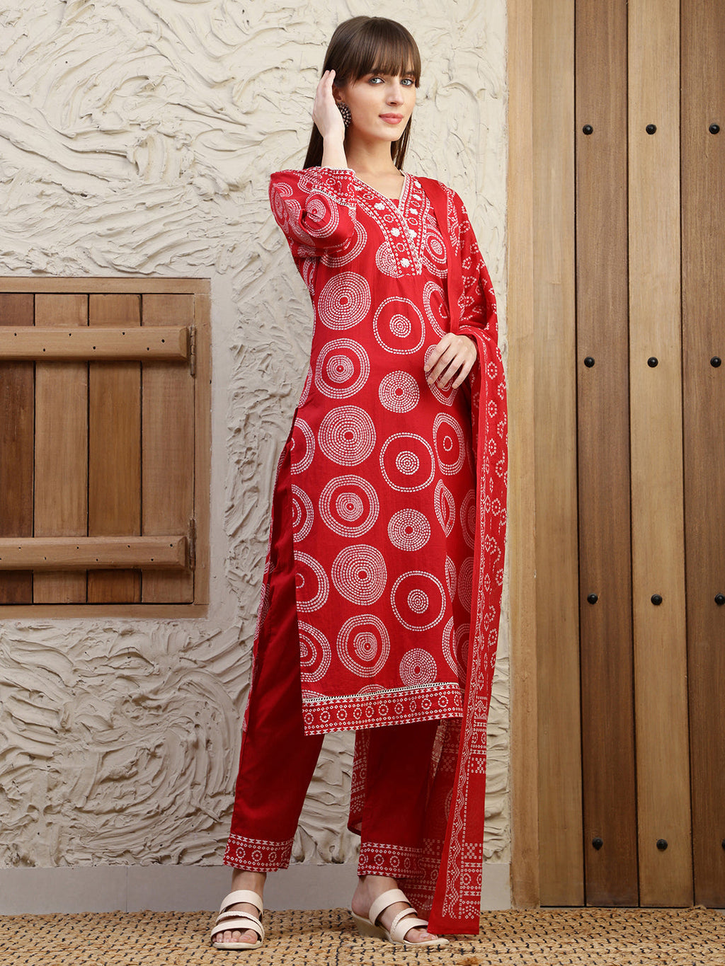 Embroidered & Printed Cotton Kurta With Pant And Dupatta, Red - Hiral Fashion | Grocsy