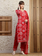 Embroidered & Printed Cotton Kurta With Pant And Dupatta, Red - Hiral Fashion | Grocsy