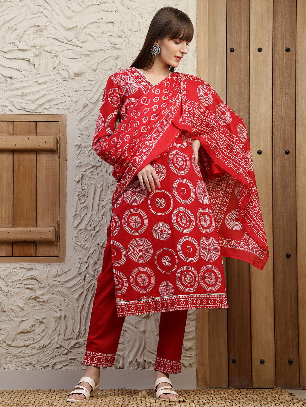 Embroidered & Printed Cotton Kurta With Pant And Dupatta, Red - Hiral Fashion | Grocsy