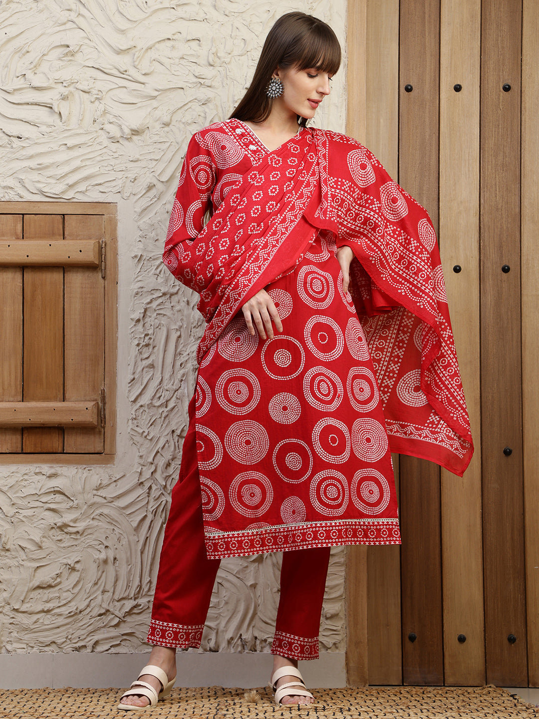 Embroidered & Printed Cotton Kurta With Pant And Dupatta, Red - Hiral Fashion | Grocsy
