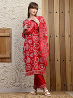 Embroidered & Printed Cotton Kurta With Pant And Dupatta, Red - Hiral Fashion | Grocsy