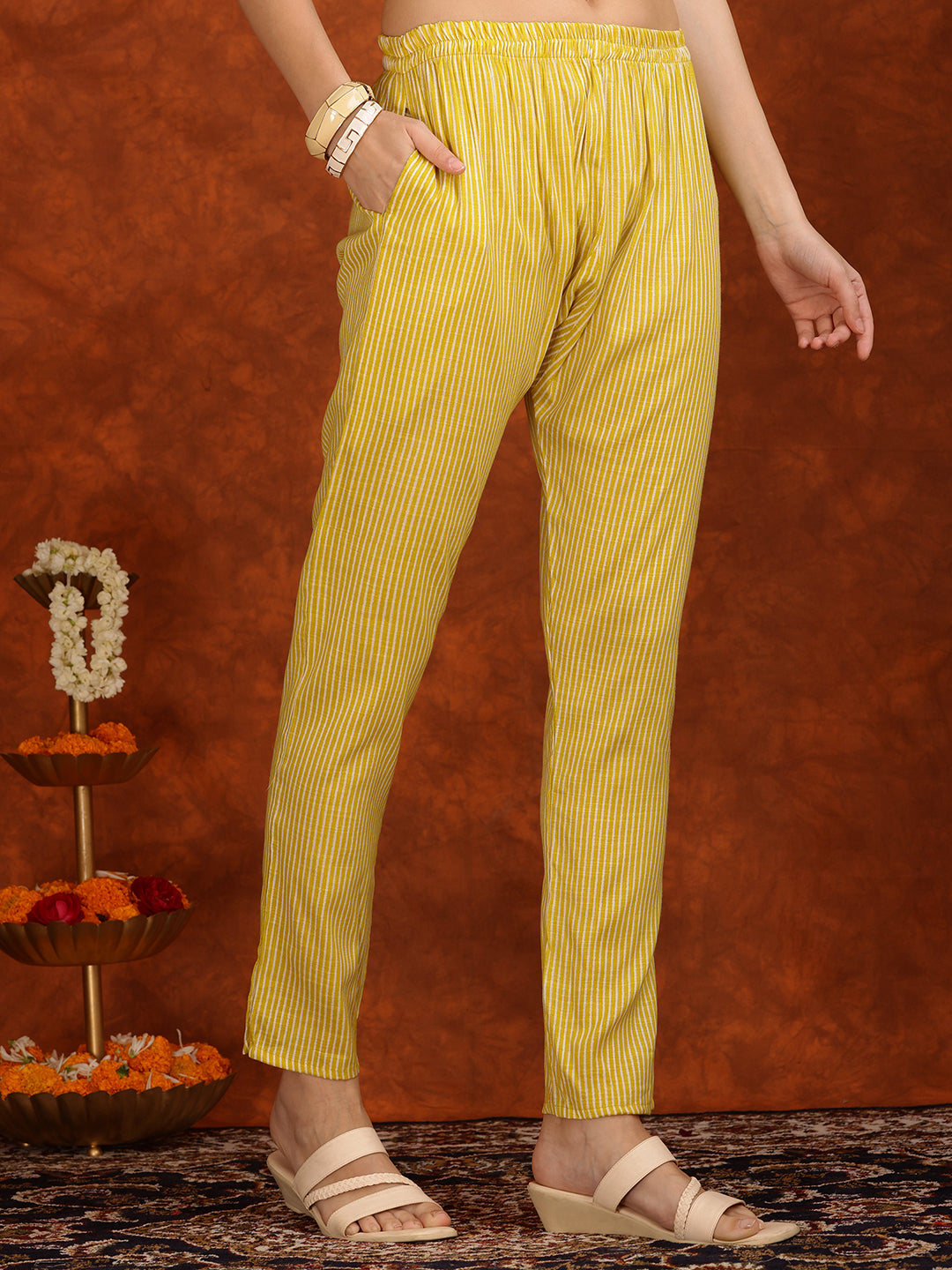 Embroidered & Printed Cotton Kurta With Pant And Dupatta, Yellow - Hiral Fashion | Grocsy