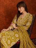 Embroidered & Printed Cotton Kurta With Pant And Dupatta, Yellow - Hiral Fashion | Grocsy