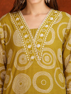 Embroidered & Printed Cotton Kurta With Pant And Dupatta, Yellow - Hiral Fashion | Grocsy
