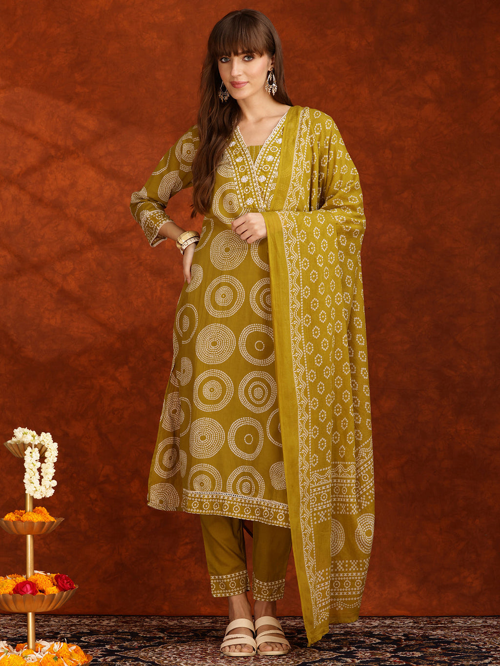 Embroidered & Printed Cotton Kurta With Pant And Dupatta, Yellow - Hiral Fashion | Grocsy