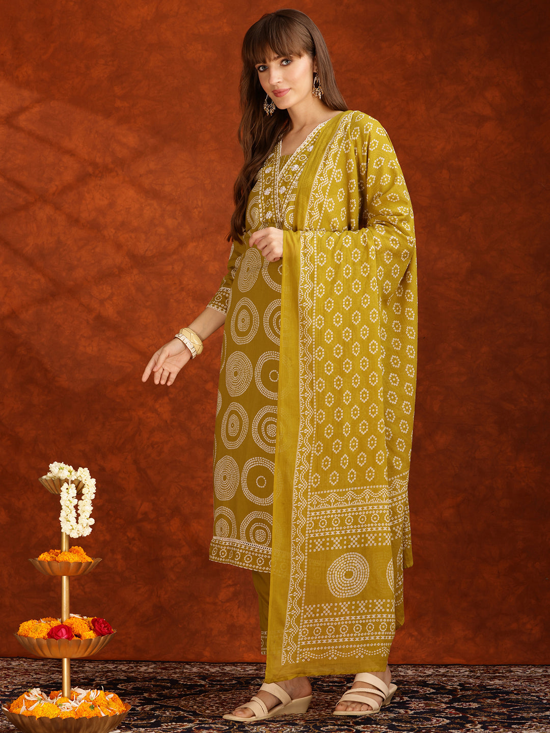 Embroidered & Printed Cotton Kurta With Pant And Dupatta, Yellow - Hiral Fashion | Grocsy