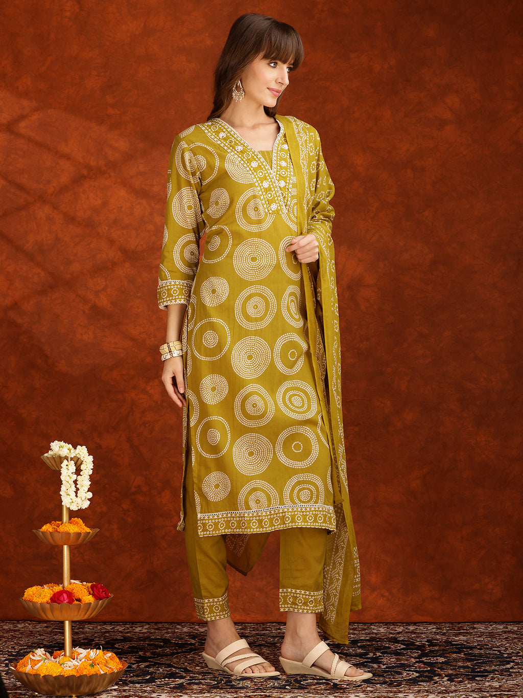 Embroidered & Printed Cotton Kurta With Pant And Dupatta, Yellow - Hiral Fashion | Grocsy