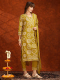 Embroidered & Printed Cotton Kurta With Pant And Dupatta, Yellow - Hiral Fashion | Grocsy